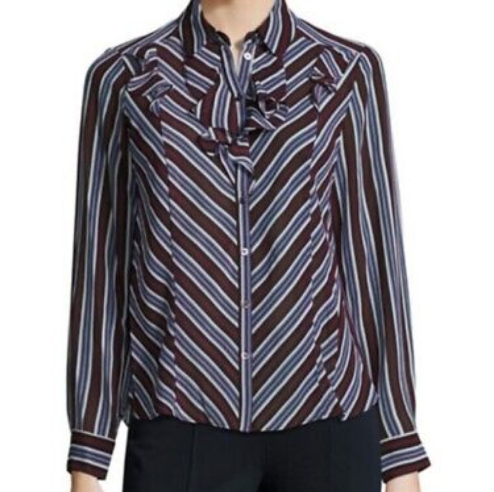 NANETTE SHEER STRIPED BURGUNDY BLUE WHITE AND BLACK CHEVRON BLOUSE
